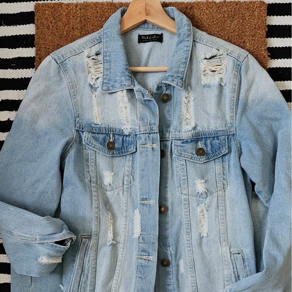 Pink Label Denim Co. Distressed Washed Long Blue Denim Jacket Trench Coat